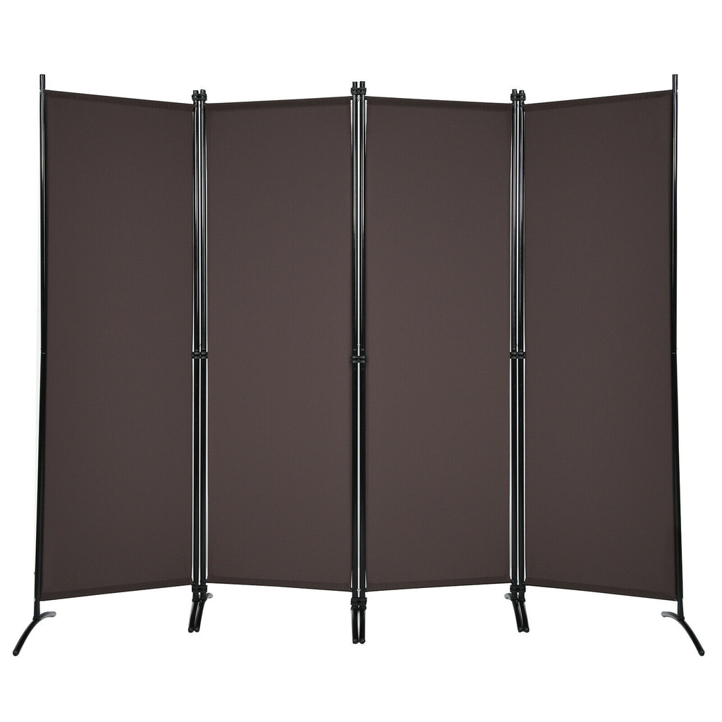 Four-panel folding fabric room divider in brown color